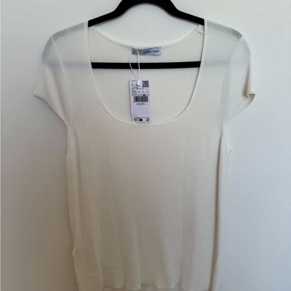 Mango White Ribbed Scoop Neck Blouse